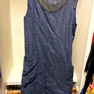 Navy linen dress with beaded neck. Size XL.